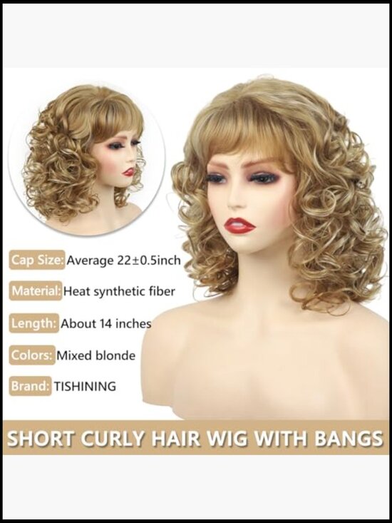 Short Blonde Curly Wig with Bangs Shoulder Length Shaggy Synthetic Full Wig main image 2